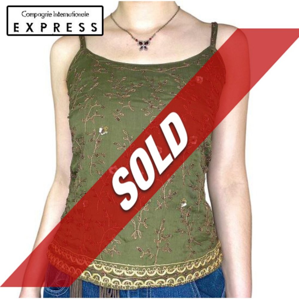 Vintage Express Compagnie Internationale Boho Grunge Silk Floral Beaded Top Sz M